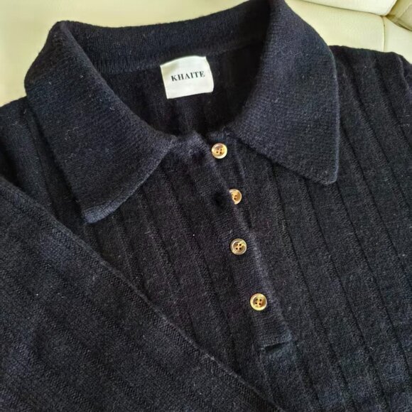 Khaite Dark Ribbed Knit Polo Sweater - Gold Button Detail - Picture 2 of 5